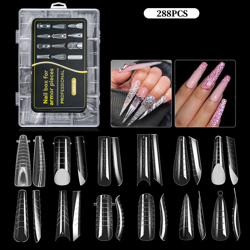Naujos, 288 vnt. nagų formos, skirtos įvairiems tikslams, 12 stilių, piršto priauginimas be popieriaus, krištolinis nagų gabalėlis, skaidri nagų folija