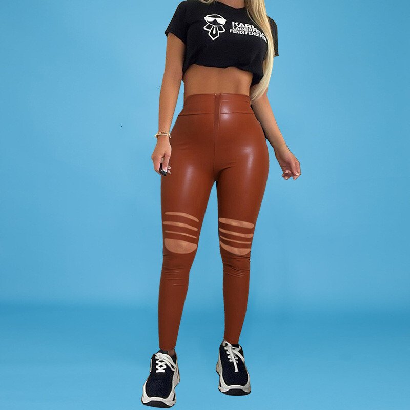 21868 Трансгранични европейски и американски дамски панталони 2021 есенни нови модни еластични тесни кожени панталони с дупка, нови продукти