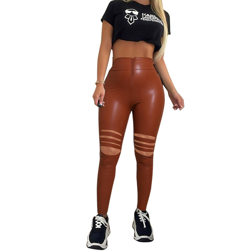 21868 Трансгранични европейски и американски дамски панталони 2021 есенни нови модни еластични тесни кожени панталони с дупка, нови продукти