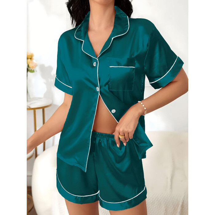 Tamsiai žali šortai trumpomis rankovėmis, atlasine apykakle, vienspalviai, laisvalaikio pižama namams (nuo S iki XL)