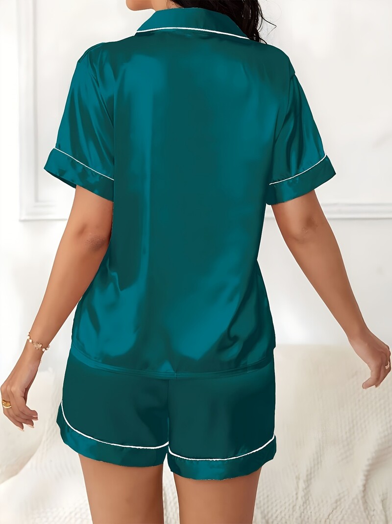 Tamsiai žali šortai trumpomis rankovėmis, atlasine apykakle, vienspalviai, laisvalaikio pižama namams (nuo S iki XL)