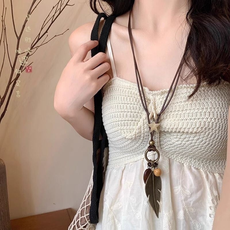 Naujas kiniško stiliaus senovinio dzenbudizmo ilgas vėrinys, moteriškas nišinis retro dvisluoksnis vėrinys su plunksna ir raktikaulio pakabuku, madinga