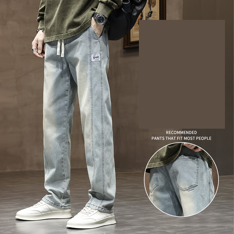 Дънки с еластична талия за млади мъже, свободни и тесни, удобни ежедневни панталони, мъжки прави панталони, устойчиви на намачкване и модерни в многоцветен цвят