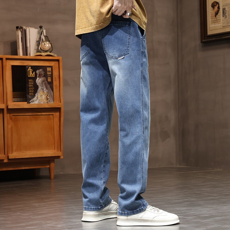 Дънки с еластична талия за млади мъже, свободни и тесни, удобни ежедневни панталони, мъжки прави панталони, устойчиви на намачкване и модерни в многоцветен цвят