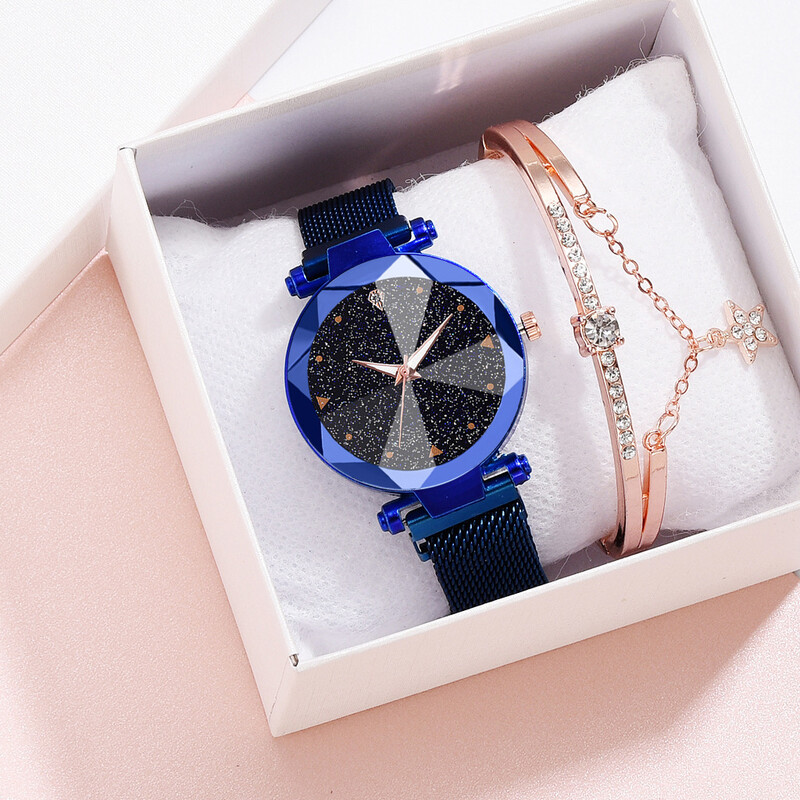 Jauns, karsti pārdots mikro biznesa pulkstenis ar zvaigžņotām debesīm, sieviešu magnētisko sprādzi, magnētisko sieta siksniņu, kvarca rokas pulksteni.