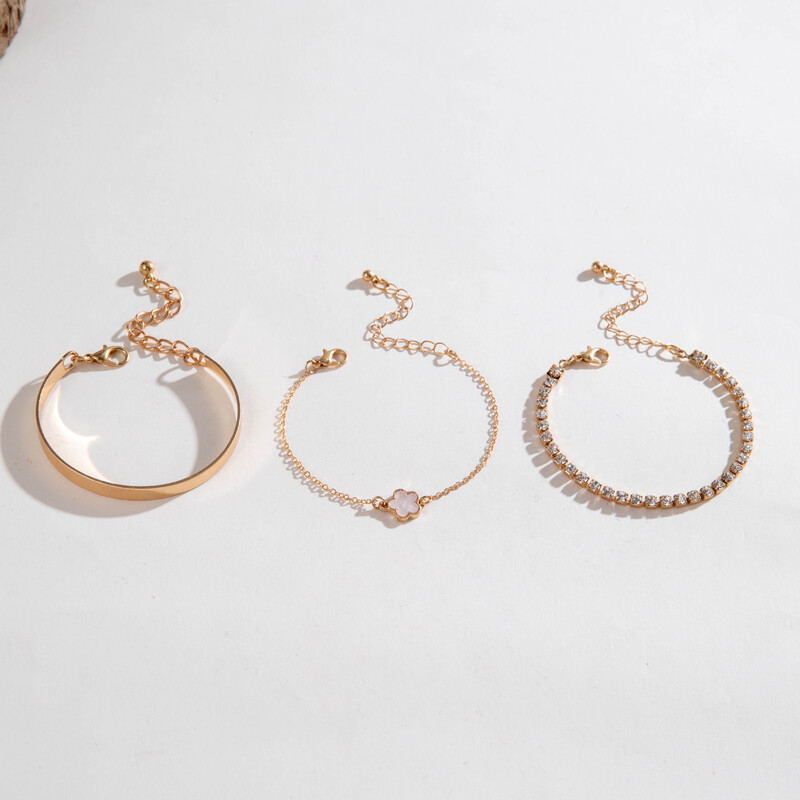 Set od tri dijamantne narukvice s djetelinom s pet listova, moderna aluminijska legura, jednostavni geometrijski glatki set narukvica za žene