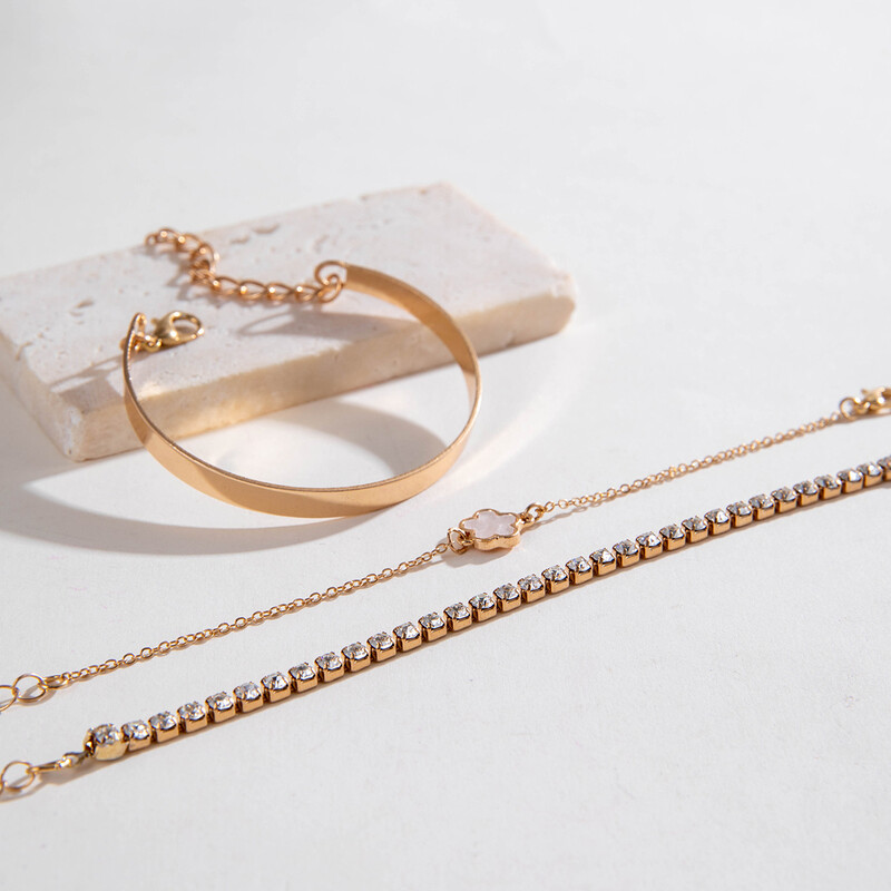 Set od tri dijamantne narukvice s djetelinom s pet listova, moderna aluminijska legura, jednostavni geometrijski glatki set narukvica za žene