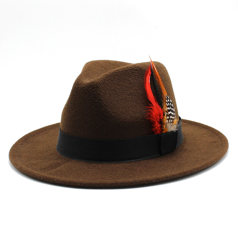 Gyapjú kalap férfiaknak és nőknek, színpadi jazz kalap tollal, retró brit úriember kalap