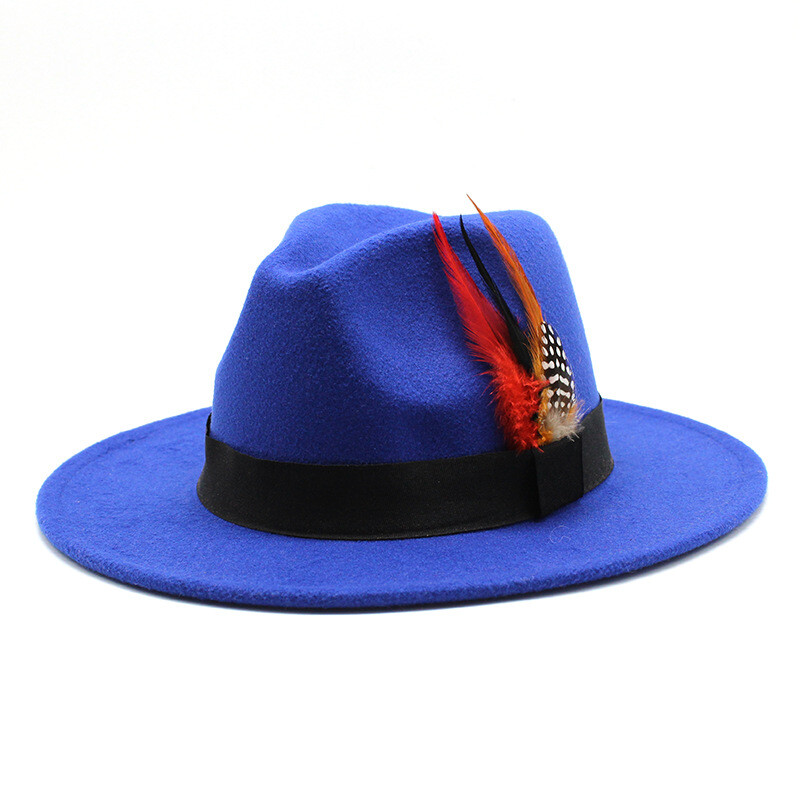 Gyapjú kalap férfiaknak és nőknek, színpadi jazz kalap tollal, retró brit úriember kalap
