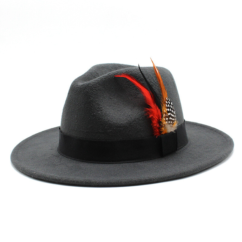 Gyapjú kalap férfiaknak és nőknek, színpadi jazz kalap tollal, retró brit úriember kalap
