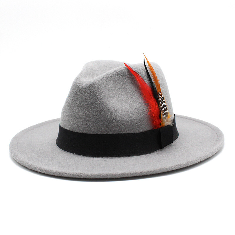 Gyapjú kalap férfiaknak és nőknek, színpadi jazz kalap tollal, retró brit úriember kalap