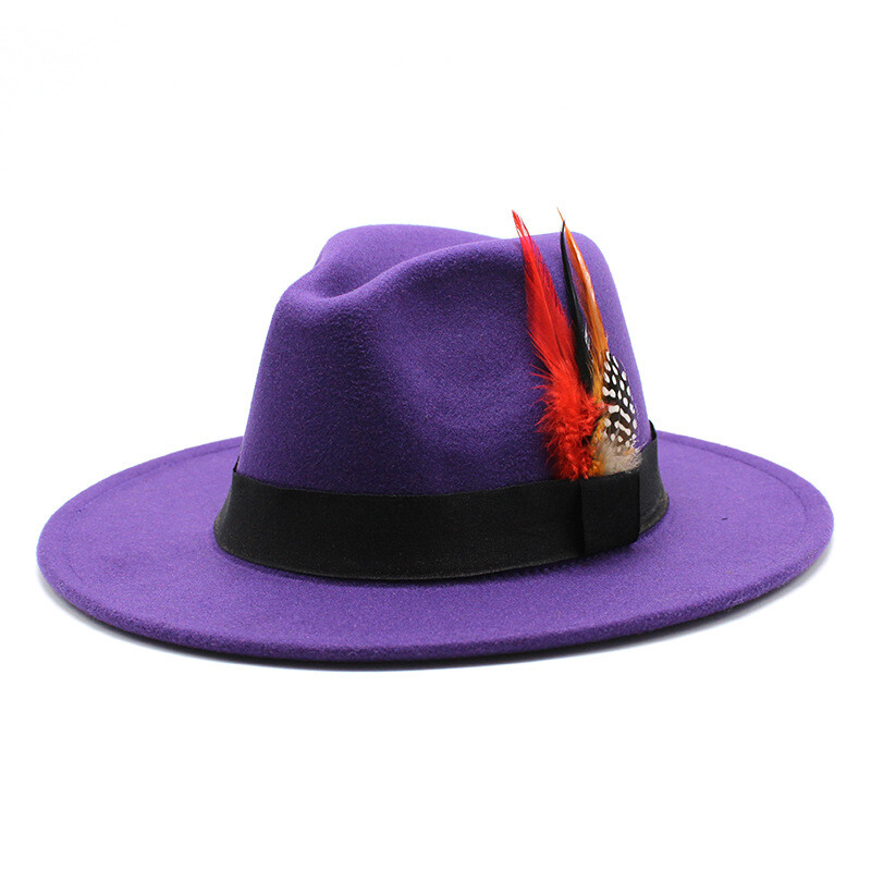 Gyapjú kalap férfiaknak és nőknek, színpadi jazz kalap tollal, retró brit úriember kalap