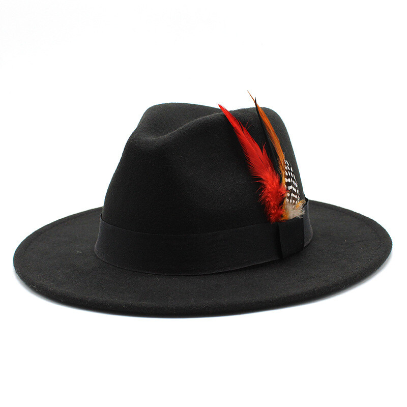 Gyapjú kalap férfiaknak és nőknek, színpadi jazz kalap tollal, retró brit úriember kalap