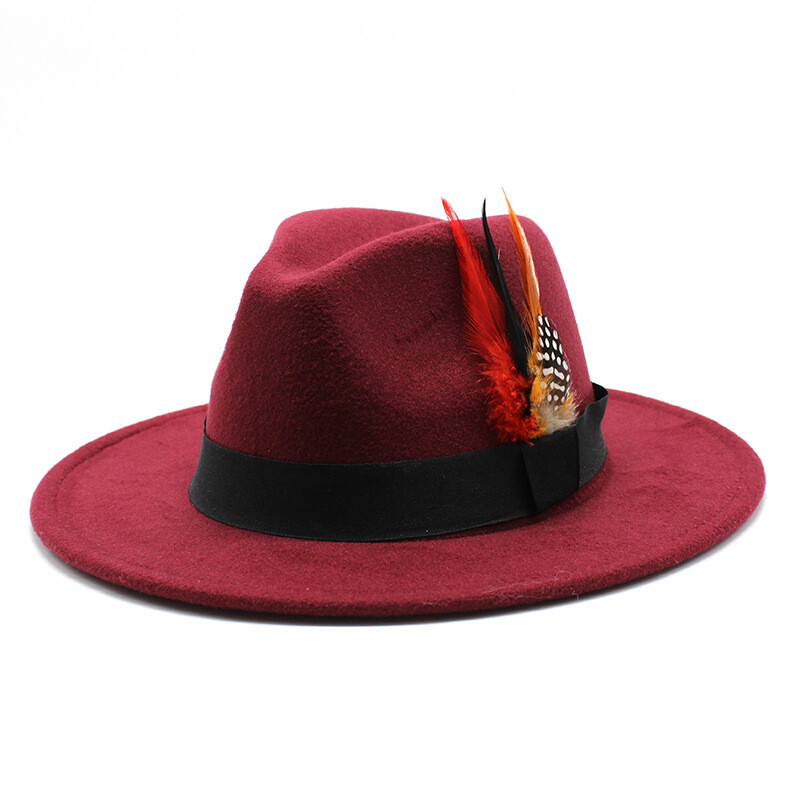 Gyapjú kalap férfiaknak és nőknek, színpadi jazz kalap tollal, retró brit úriember kalap