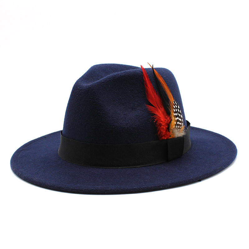 Gyapjú kalap férfiaknak és nőknek, színpadi jazz kalap tollal, retró brit úriember kalap