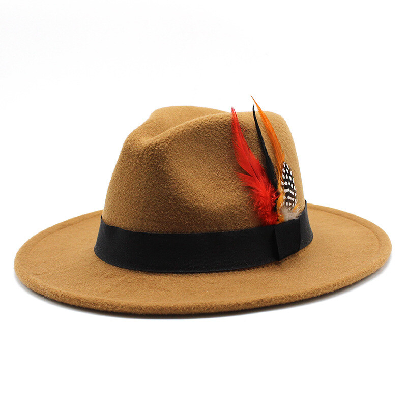 Gyapjú kalap férfiaknak és nőknek, színpadi jazz kalap tollal, retró brit úriember kalap
