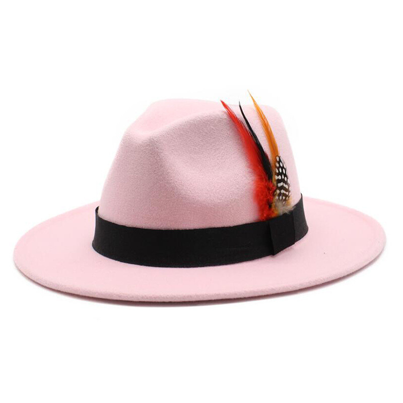 Gyapjú kalap férfiaknak és nőknek, színpadi jazz kalap tollal, retró brit úriember kalap