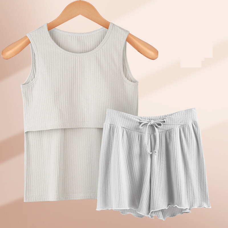 Grynos medvilnės trumpomis rankovėmis nėščiosioms skirta pižama, ploni vasariniai nėščiosioms skirti drabužiai, vasariniai slaugos drabužiai po gimdymo, slaugos namų komplektas