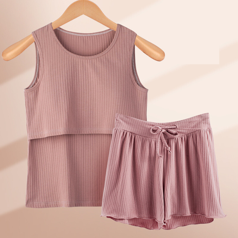 Grynos medvilnės trumpomis rankovėmis nėščiosioms skirta pižama, ploni vasariniai nėščiosioms skirti drabužiai, vasariniai slaugos drabužiai po gimdymo, slaugos namų komplektas