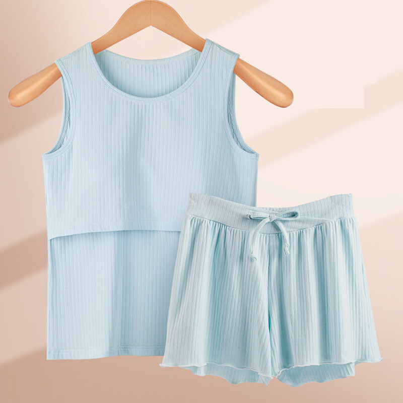 Grynos medvilnės trumpomis rankovėmis nėščiosioms skirta pižama, ploni vasariniai nėščiosioms skirti drabužiai, vasariniai slaugos drabužiai po gimdymo, slaugos namų komplektas