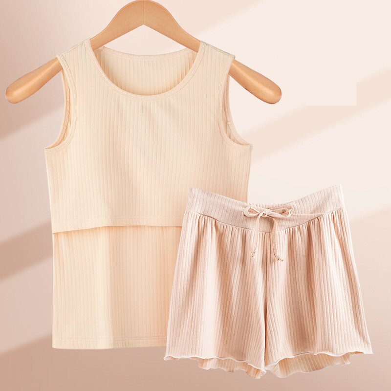 Grynos medvilnės trumpomis rankovėmis nėščiosioms skirta pižama, ploni vasariniai nėščiosioms skirti drabužiai, vasariniai slaugos drabužiai po gimdymo, slaugos namų komplektas