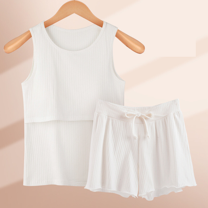 Grynos medvilnės trumpomis rankovėmis nėščiosioms skirta pižama, ploni vasariniai nėščiosioms skirti drabužiai, vasariniai slaugos drabužiai po gimdymo, slaugos namų komplektas