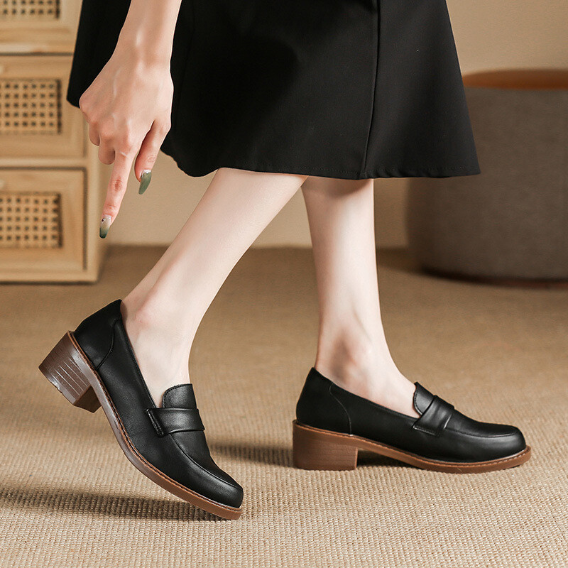 Γυναικεία μαύρα δερμάτινα παπούτσια βρετανικού τύπου, γαλλικά ψηλοτάκουνα με μαλακή σόλα, μαύρα εππαγγελματίες γραφείου, μαλακά δερμάτινα μοκασίνια με μαλακή σόλα για γυναίκες