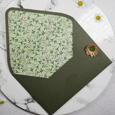 Vintažinis 5 vnt. vokų rinkinys su aliejiniu paveikslu ir žaliu avokadu, laiškų popieriaus rinkinys, voko viršelis su kartonu, vaškinis vokas, pamušalas, vokas