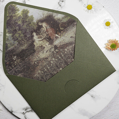 Vintažinis 5 vnt. vokų rinkinys su aliejiniu paveikslu ir žaliu avokadu, laiškų popieriaus rinkinys, voko viršelis su kartonu, vaškinis vokas, pamušalas, vokas