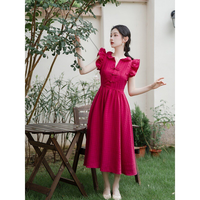 Френска ретро нова китайска рокля с летящи ръкави, дизайн с чувство за кралска сестра, нежна темпераментна рокля, стил Хепбърн, малка червена рокля