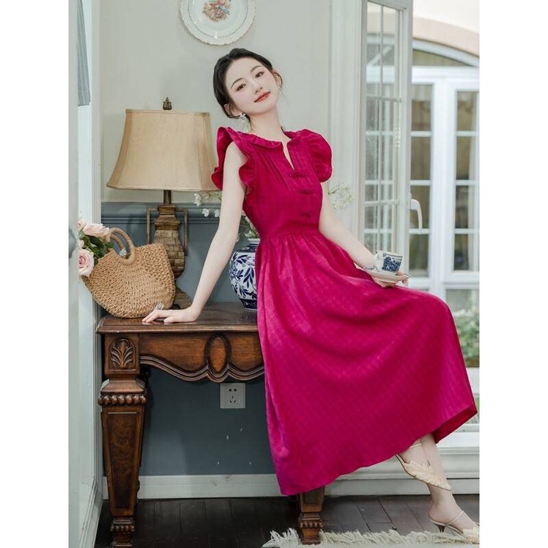 Френска ретро нова китайска рокля с летящи ръкави, дизайн с чувство за кралска сестра, нежна темпераментна рокля, стил Хепбърн, малка червена рокля