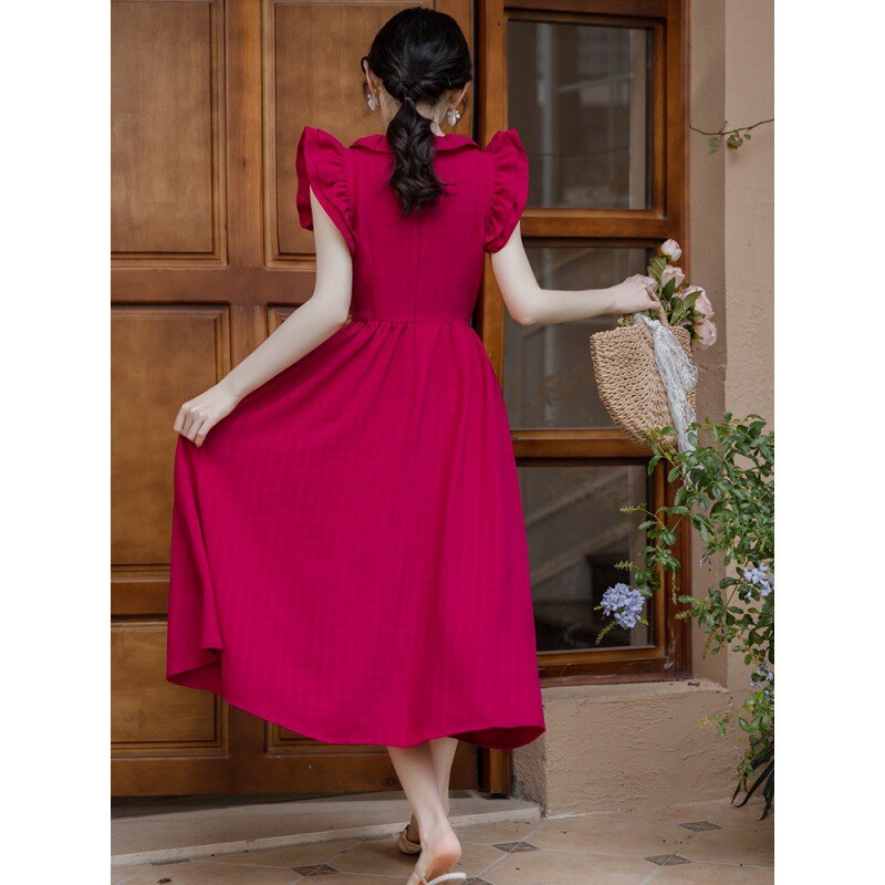 Френска ретро нова китайска рокля с летящи ръкави, дизайн с чувство за кралска сестра, нежна темпераментна рокля, стил Хепбърн, малка червена рокля