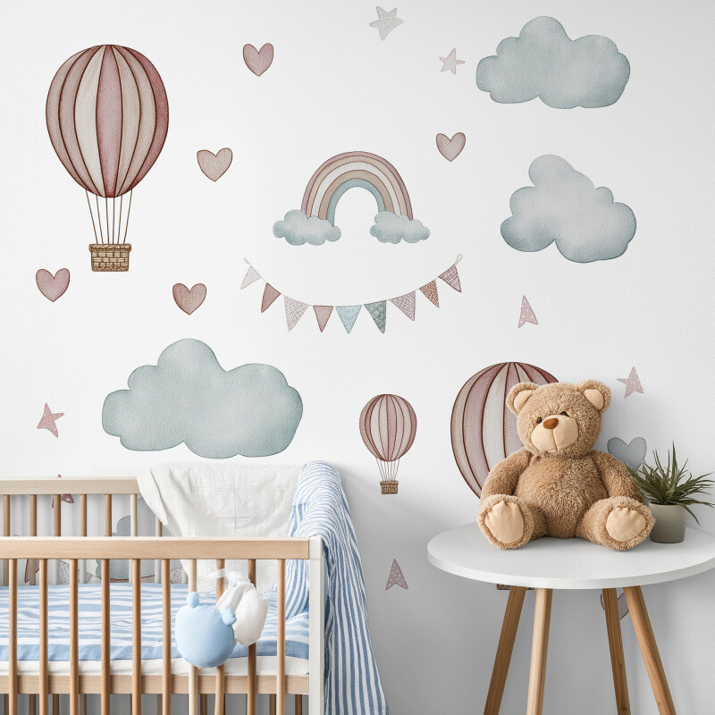 Lipnūs sienų lipdukai su animacinėmis gėlėmis, oro balionu, gražiu drugeliu, svetaine, vaikų kambariu, klasės dekoracija, darželiu