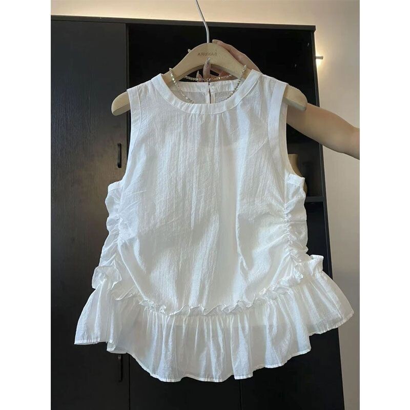 Червен луксозен летен безръкав елек с волани, уникална и красива малка риза с плисирана талия