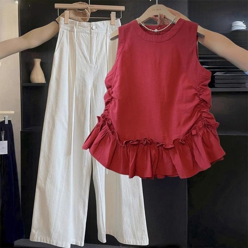 Червен луксозен летен безръкав елек с волани, уникална и красива малка риза с плисирана талия