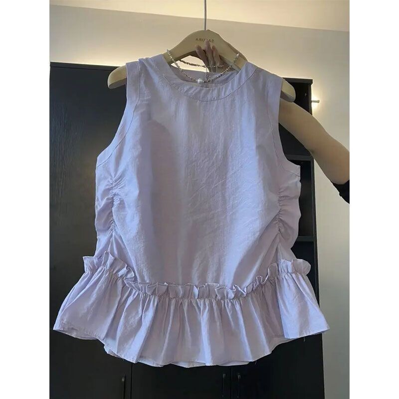 Червен луксозен летен безръкав елек с волани, уникална и красива малка риза с плисирана талия