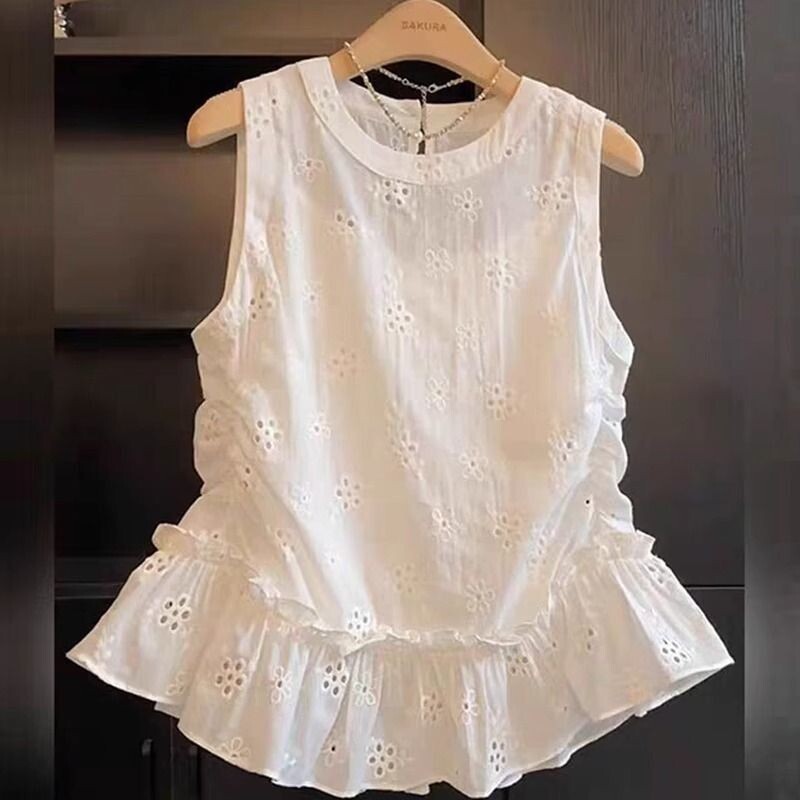 Червен луксозен летен безръкав елек с волани, уникална и красива малка риза с плисирана талия