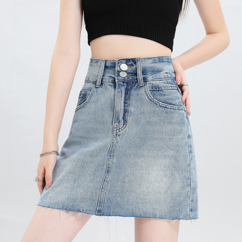 Дънкова минижупа с висока талия за дребни жени през лятото на 2025 г. с тънка подплата, която предотвратява излагането на светлина и ви кара да изглеждате по-слаби и с по-дълги крака Пола на ханша