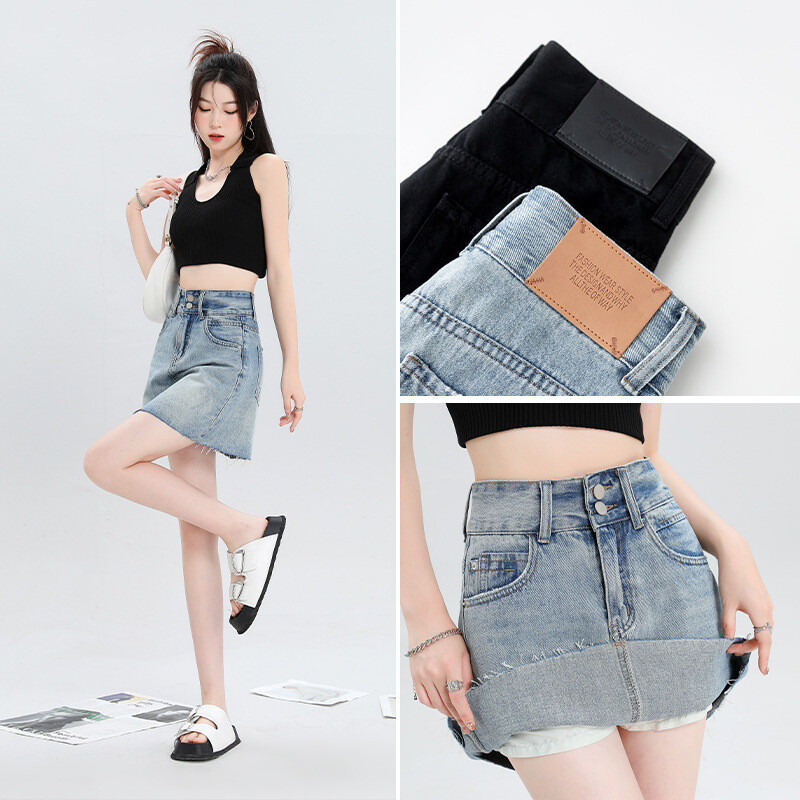 Дънкова минижупа с висока талия за дребни жени през лятото на 2025 г. с тънка подплата, която предотвратява излагането на светлина и ви кара да изглеждате по-слаби и с по-дълги крака Пола на ханша