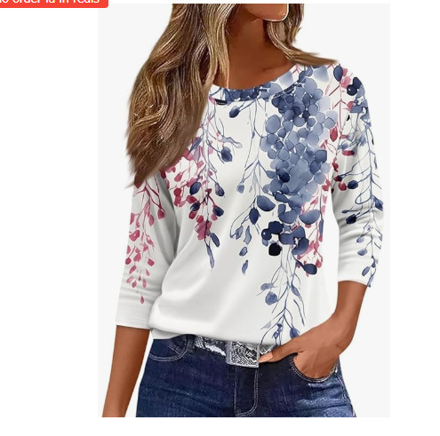 Νέα γυναικεία μπλούζα Amazon άνοιξη-καλοκαίρι, ευρωπαϊκή και αμερικανική, με τυπωμένη μέση, απομίμηση βαμβακιού, στρογγυλή λαιμόκοψη, μονόχρωμη, με μανίκια τριών τετάρτων και μακριά μανίκια