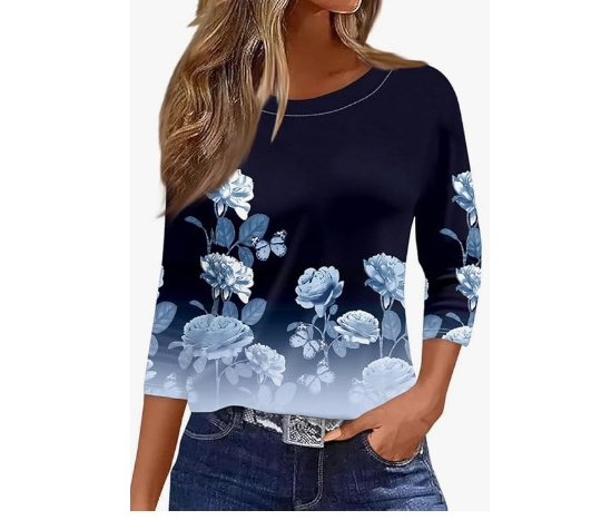 Νέα γυναικεία μπλούζα Amazon άνοιξη-καλοκαίρι, ευρωπαϊκή και αμερικανική, με τυπωμένη μέση, απομίμηση βαμβακιού, στρογγυλή λαιμόκοψη, μονόχρωμη, με μανίκια τριών τετάρτων και μακριά μανίκια