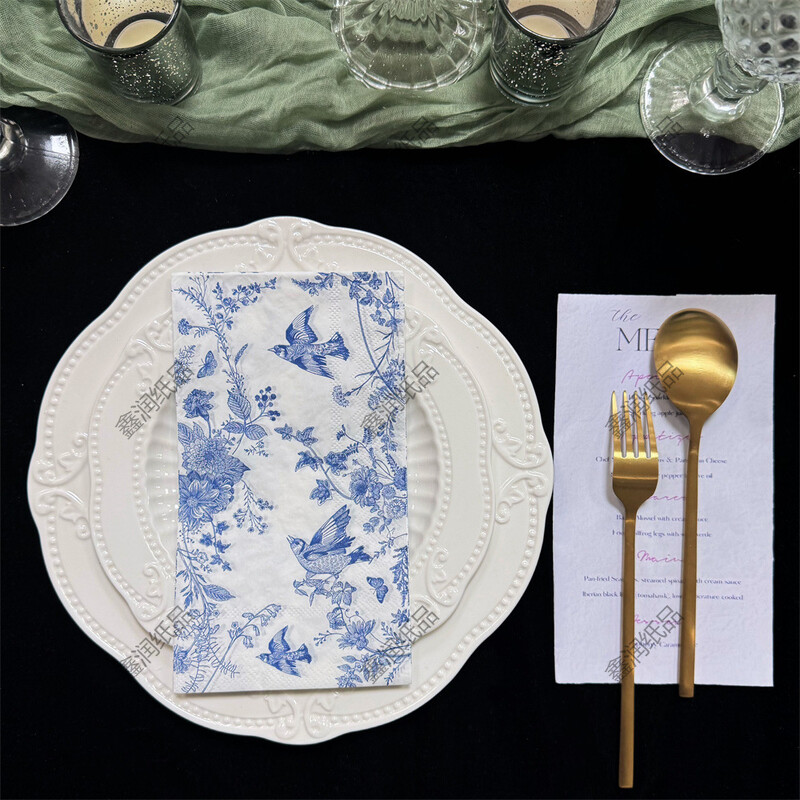 20 eksportinių mėlynų servetėlių su gėlių ir paukščių raštais, spalvingi popieriniai rankšluosčiai, padėkliukai vestuvėms, gimtadieniams, arbatėlės vakarėliams, restoranams, 33x40