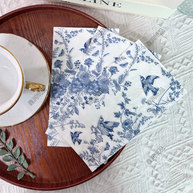 20 eksportinių mėlynų servetėlių su gėlių ir paukščių raštais, spalvingi popieriniai rankšluosčiai, padėkliukai vestuvėms, gimtadieniams, arbatėlės vakarėliams, restoranams, 33x40