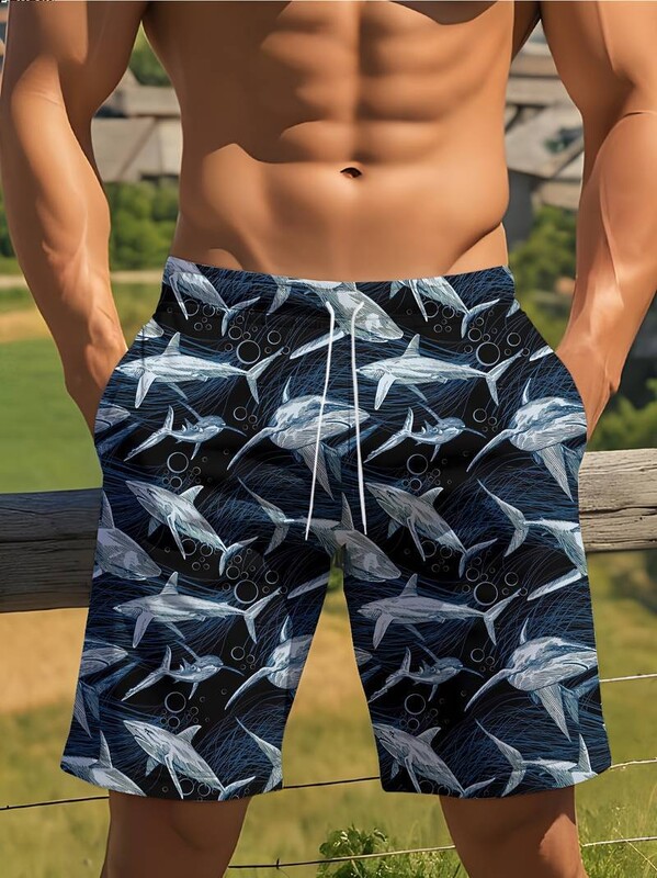 Piiriülesed 3D digitaalsed meeste rannapüksid, Euroopa ja Ameerika Hawaii spordipüksid haiprindiga, vabaaja lühikesed püksid