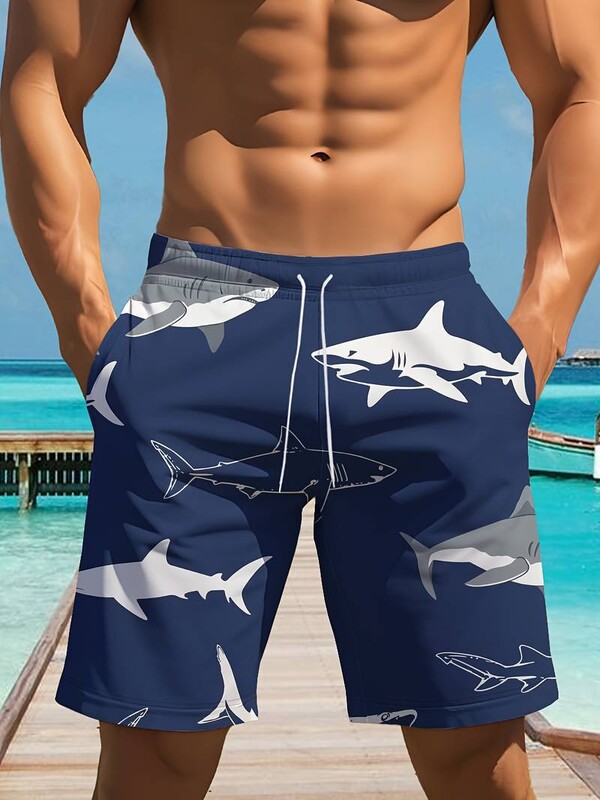 Piiriülesed 3D digitaalsed meeste rannapüksid, Euroopa ja Ameerika Hawaii spordipüksid haiprindiga, vabaaja lühikesed püksid