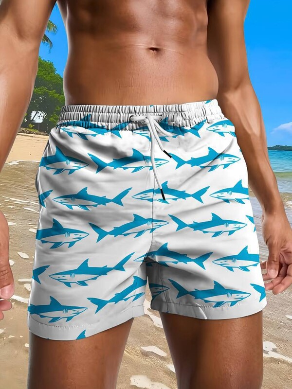 Piiriülesed 3D digitaalsed meeste rannapüksid, Euroopa ja Ameerika Hawaii spordipüksid haiprindiga, vabaaja lühikesed püksid