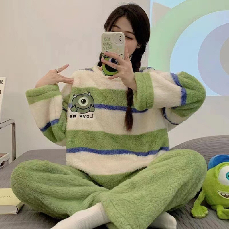 2024 m. pavasario-rudens-žiemos flanelinė pižama, sustorinta, moteriška, miela, animacinio filmuko stiliaus, laisvalaikio, ilgomis rankovėmis, namų apyvokos reikmenys, viršutiniai drabužiai