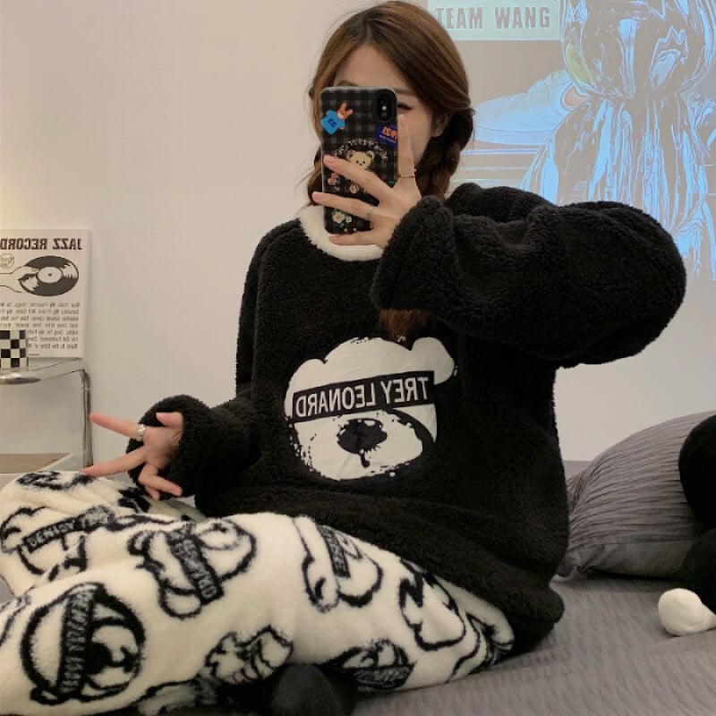 2024 m. pavasario-rudens-žiemos flanelinė pižama, sustorinta, moteriška, miela, animacinio filmuko stiliaus, laisvalaikio, ilgomis rankovėmis, namų apyvokos reikmenys, viršutiniai drabužiai