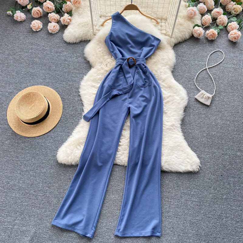 Γυναικεία ρούχα για ενήλικες στο στυλ της «βασιλικής αδερφής», με διάθεση για μετακινήσεις, λοξό γιακά, ολόσωμη φόρμα με ανοιχτούς ώμους, γυναικείο απλό, χοντρό, με μέση, αδυνατιστικό, φαρδύ παντελόνι