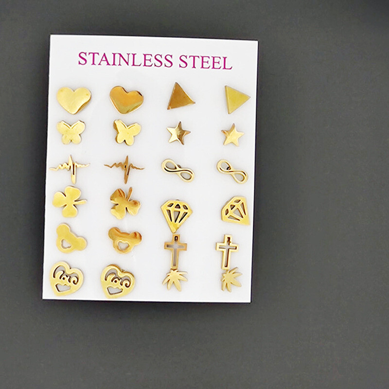 Nauji madingi europietiški ir amerikietiški nerūdijančio plieno auskarai, kelių elementų geometriniai drugelio formos auskarai su meilės simbolika, rinkinys